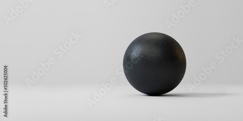 Black round stone ball on a white background. layout or template. 3d rendering