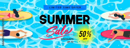 Summer sale banner vector illustration. Top view people surfing