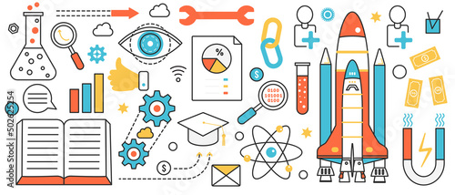 Business investment, success innovation and startup. Abstract rocket launch, magnet attracting investors money, start of processes of new project in infographic concept banner, thin line art design