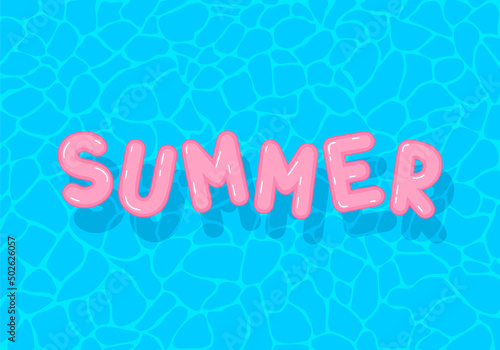Swimming pool with pink floating word summer. Top view