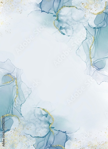 Fototapeta Naklejka Na Ścianę i Meble -  Abstract watercolor or alcohol ink art blue white background with golden crackers. Pastel blue marble drawing effect. llustration design template for wedding invitation,decoration, banner, background.