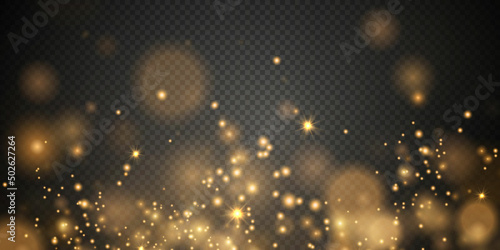 Christmas background. Powder PNG. Magic shining gold dust. Fine, shiny dust bokeh particles fall off slightly. Fantastic shimmer effect.