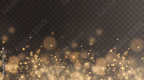 Christmas background. Powder PNG. Magic shining gold dust. Fine, shiny dust bokeh particles fall off slightly. Fantastic shimmer effect.