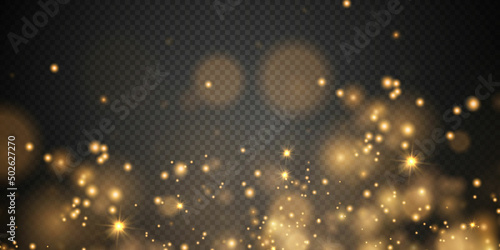Christmas background. Powder PNG. Magic shining gold dust. Fine  shiny dust bokeh particles fall off slightly. Fantastic shimmer effect.
