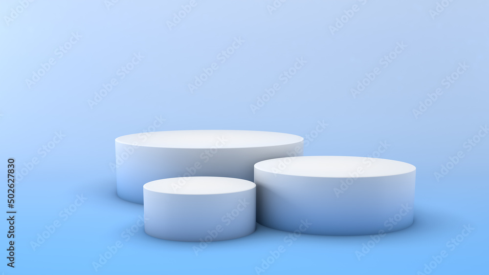 Mockup of three different round podiums. Scene template for advertising and presentation, 3D illustration Mockup of three different round podiums. Scene template for advertising and presentation, 3D illustration