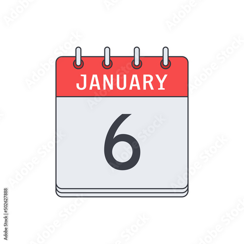 January 6. Calendar icon. Vector illustration, flat design..