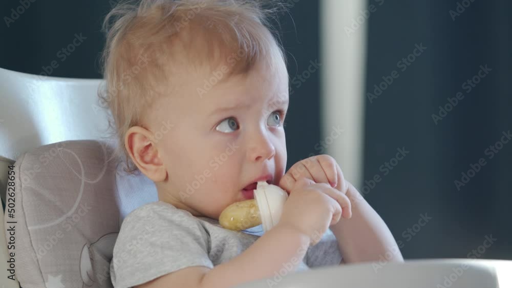 Cute kid with food nibbler baby fruit pacifier sitting in booster seat fixed on top of dining chair watching tv. High quality 4k footage Cute kid with food nibbler baby fruit pacifier sitting in booster seat fixed on top of dining chair watching tv. High quality 4k footage