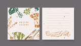 Blank sticker pages for making notes about meal preparation and cooking ingredients. Recipe sheets decorated with kitchen utensils and vegetable drawings