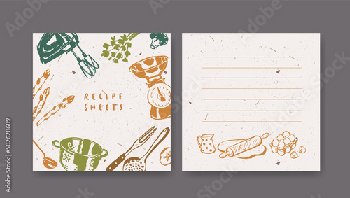 Blank sticker pages for making notes about meal preparation and cooking ingredients. Recipe sheets decorated with kitchen utensils and vegetable drawings