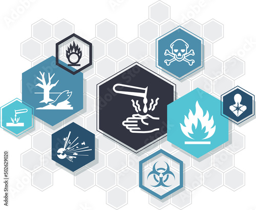 Hazard symbols vector illustration. Concept with icons related to ghs hazardous substances / biohazard pictograms, industrial warning icons for chemicals, explosive / corrosive / flammable materials.