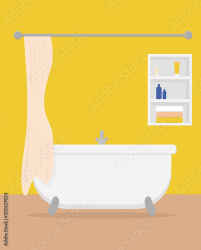 a large white bathtub with a tap and a curtain and a shelf with towels and cosmetics