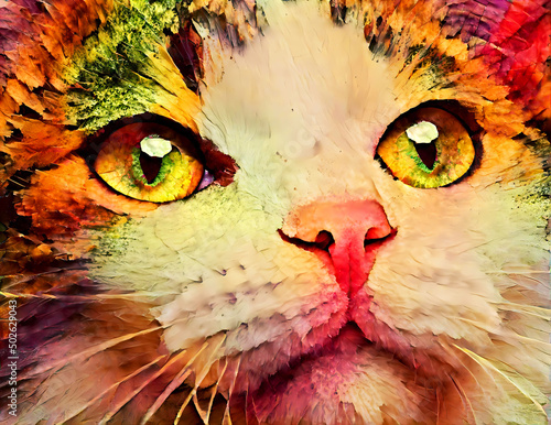 A Cat painting with a decorative autumn leaves pattern