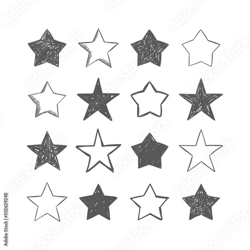 Hand drawn star icons. Set of doodle stars.