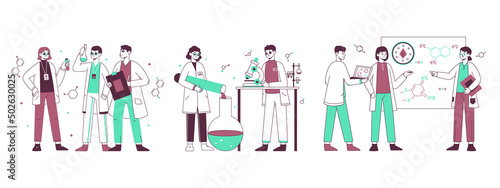 Medical science laboratory, biotechnology researching work team. Scientist characters doing lab chemical experiment vector symbols illustration set. Biology science lab scenes