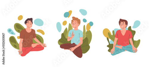 Relaxing male meditating characters, peaceful lotus pose yoga meditation. Cartoon people breath training, and yoga practice vector symbols illustrations set. Peaceful yoga meditation
