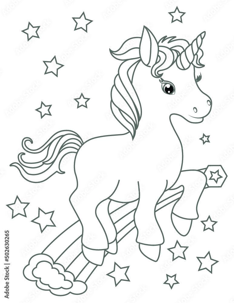 Cute pony unicorn rainbow coloring page for kids