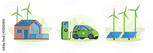 Set of eco friendly illustrations.A modern green house, an ecological car is charged from a power station, windmills and solar panels generate clean energy. Environmental protection, flat style vector
