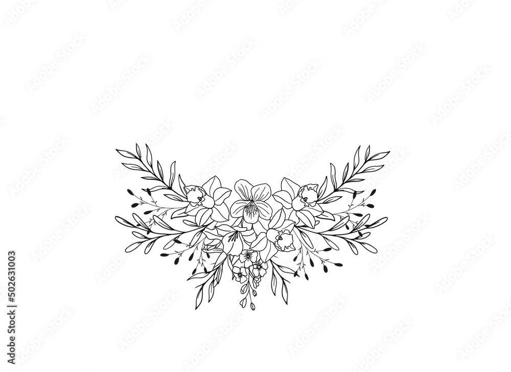 Line drawing flower design, cosmos flower, simple bouquet Line drawing flower design, cosmos flower, simple bouquet