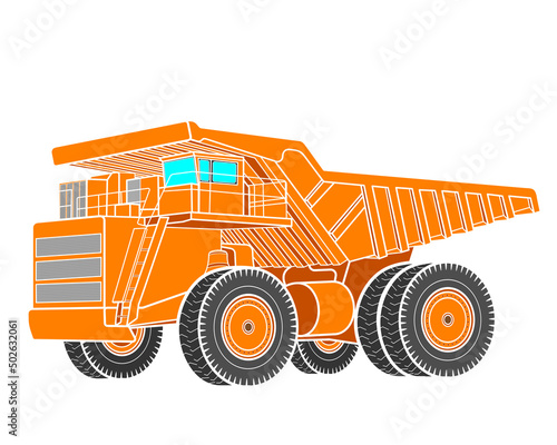 Large mining truck. Big yellow mining truck. Loading coal into the back of a truck. Production of minerals. Mining dump truck for transportation from a quarry. Vector illustration