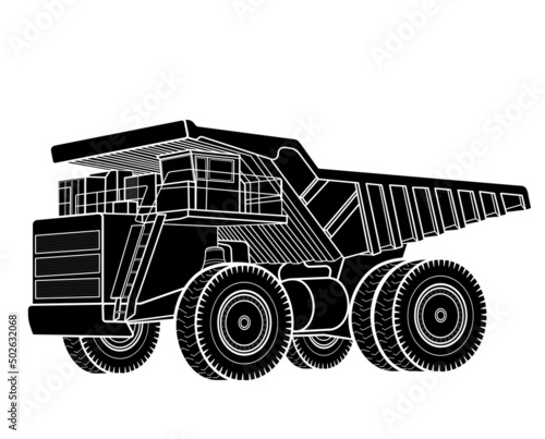 Black silhouette Big mining dump truck. Big yellow mining truck. Loading coal into the back of a truck. Production of minerals. Mining dump truck for transportation from a quarry. Vector illustration