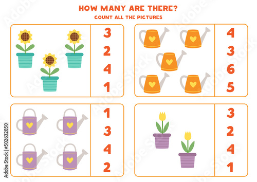 Counting game with cartoon watering cans. Educational worksheet.