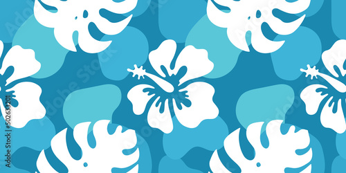 Hibiscus and palm leaves, Hawaii, vector seamless pattern in the style of doodles, hand-drawn