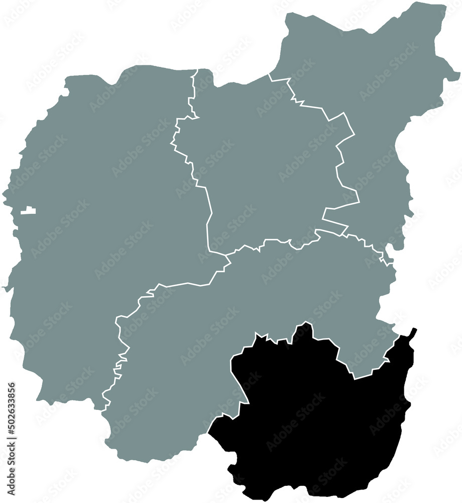 Black flat blank highlighted location map of the PRYLUKY RAION inside gray raions map of the Ukrainian administrative area of Chernihiv Oblast, Ukraine