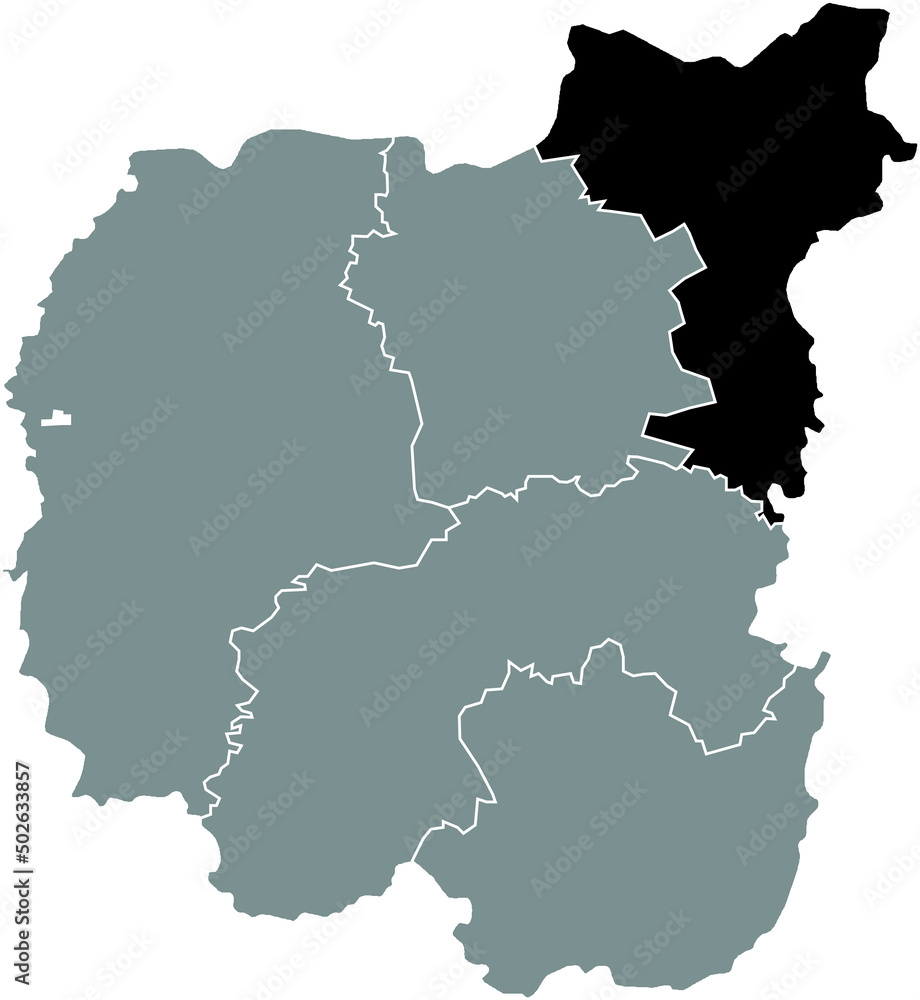 Black flat blank highlighted location map of the NOVHOROD-SIVERSKYI RAION inside gray raions map of the Ukrainian administrative area of Chernihiv Oblast, Ukraine