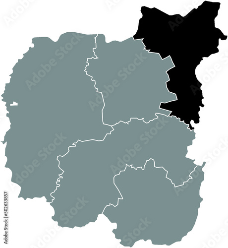 Black flat blank highlighted location map of the NOVHOROD-SIVERSKYI RAION inside gray raions map of the Ukrainian administrative area of Chernihiv Oblast  Ukraine