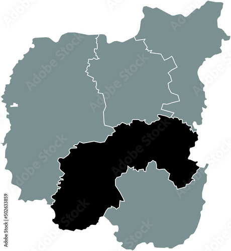 Black flat blank highlighted location map of the NIZHYN RAION inside gray raions map of the Ukrainian administrative area of Chernihiv Oblast, Ukraine