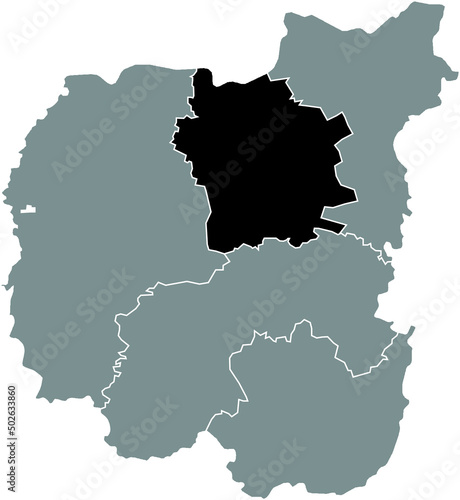 Black flat blank highlighted location map of the KORIUKIVKA RAION inside gray raions map of the Ukrainian administrative area of Chernihiv Oblast, Ukraine