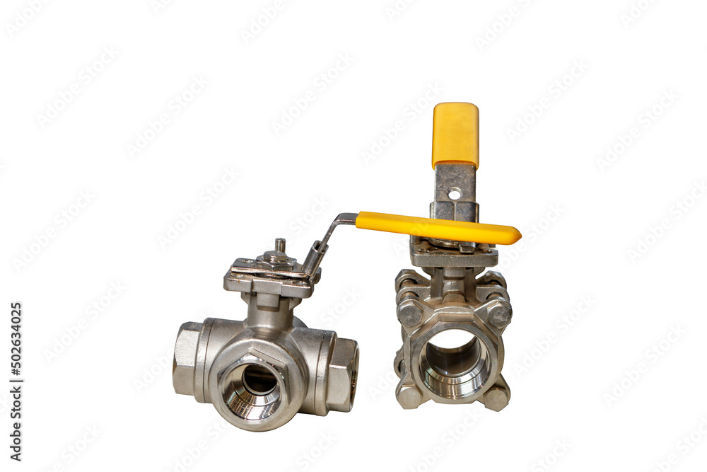 Ball valves made of stainless steel. Water valve isolated on white background.