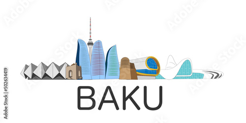 The main monuments of Baku, Azerbaijan. Vector illustration.