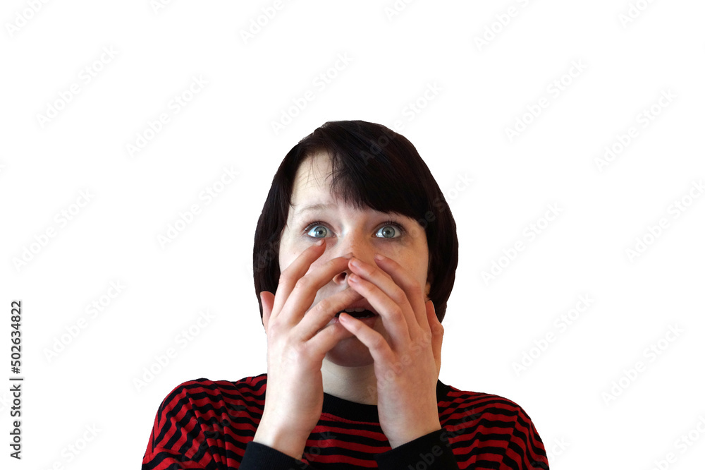 portrait of a frightened brunette teenager girl covering her face with her hands portrait of a frightened brunette teenager girl covering her face with her hands