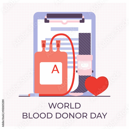 Blood bag and heart, medicine tourniquet. Give blood save life. Blood donation day concept.