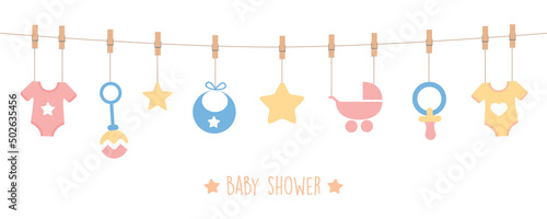 baby shower welcome greeting card for childbirth with hanging utensils