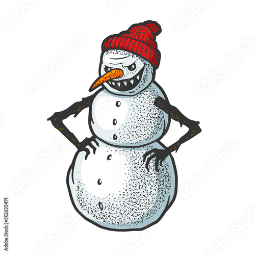 Evil angry snowman color sketch engraving vector illustration. T-shirt apparel print design. Scratch board imitation. Black and white hand drawn image.