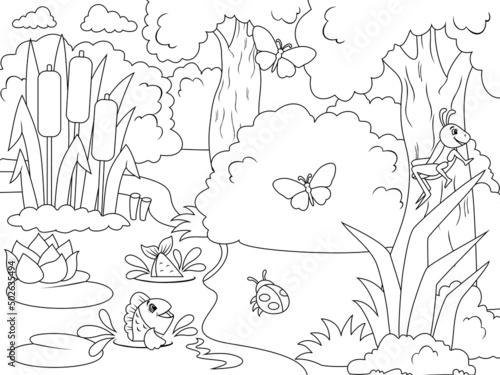 Bank of the river in the forest. Different characters, fish, insects and nature coloring book.