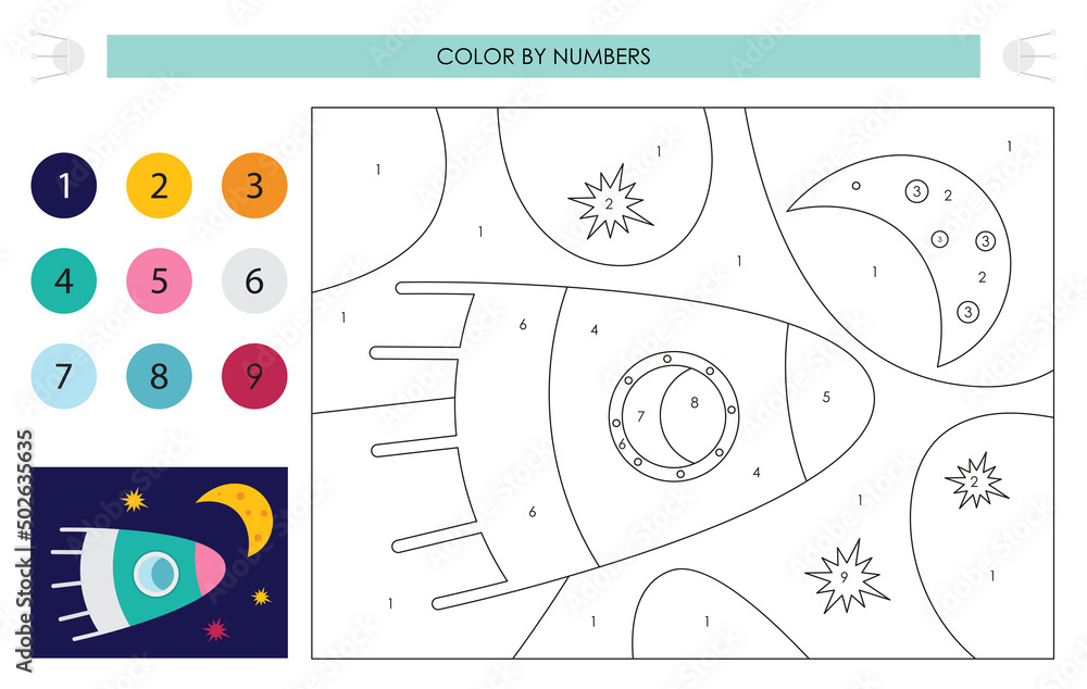 Space activities for kids. Color by numbers Rocket ship in outer