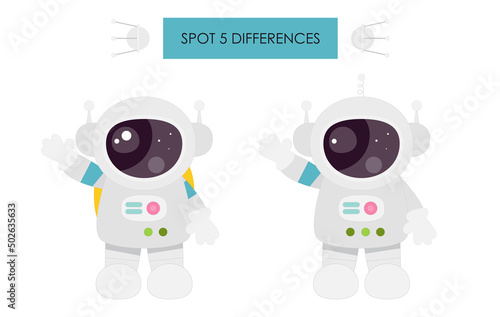 Space activities for kids. Spot 5 differences. Cute Astronaut. Vector illustration.