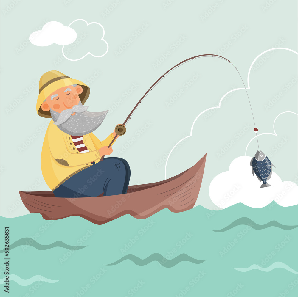 Obraz Vector illustration of a fisherman on a boat. Illustration of a fisherman in a yellow bucket hat with a fishing rod and fish