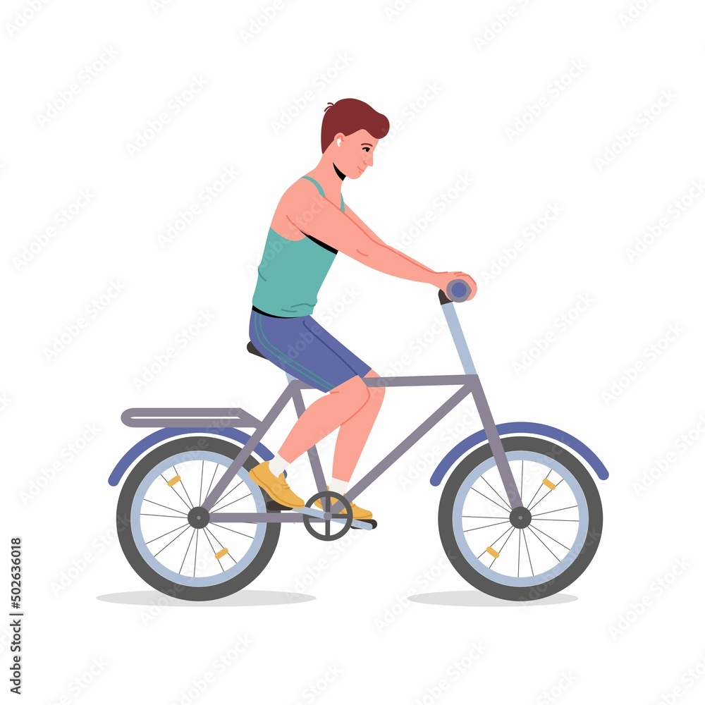 Young man rides bicycle. Vector trendy illustration. Activity and healthy lifestyle concept. Isolated on white Young man rides bicycle. Vector trendy illustration. Activity and healthy lifestyle concept. Isolated on white