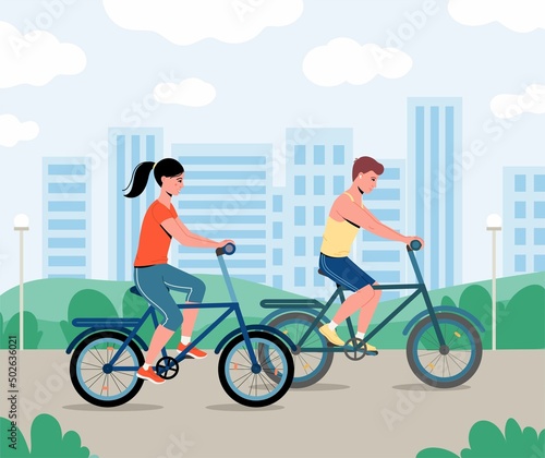 Couple are riding on bicycle on the urban lanscape background.
Man and woman spends time outdoors. Vector illustration of trendy happy man and woman cycling in summer park. Isolated on background