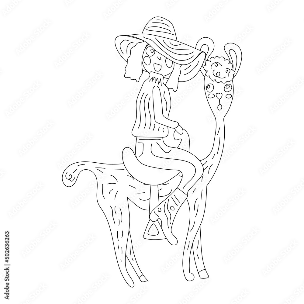 A girl in a hat rides a short-cropped llama. Isolated on a white background. Coloring book for kids.