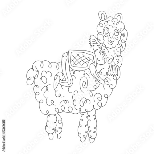 A little girl rides on the back of a fluffy alpaca. Isolated on a white background. Coloring book for kids.