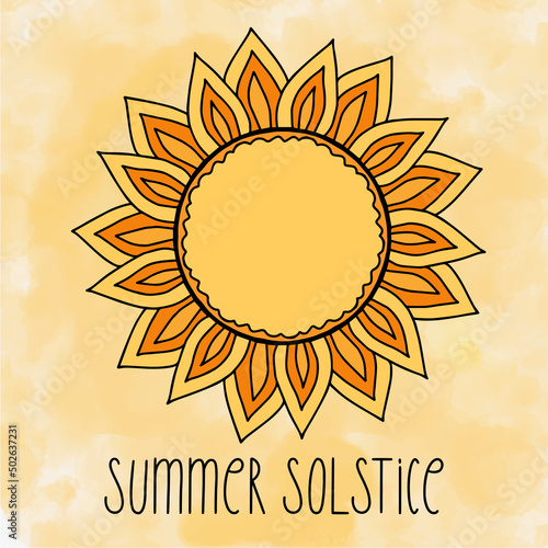 Summer Solstice June 21. Longest day of the year. Vector illustration with stylized sun, text and watercolor textured yellow sunset sky background. banner, poster, greeting card design.
