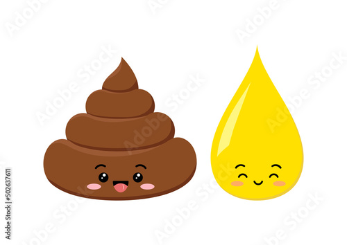 Poop and pee emoji cute smiling baby character cartoon emoticon isolated on white background. Kawaii funny heap of shit and urine drop with face. Flat design vector clip art illustration. photo