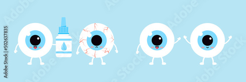 Cute eyeball gives eye drop liquid bottle to ill dry character isolated on background. Health and with red capillary eye balls kawaii medicine mascot set. Flat design cartoon style vector illustration