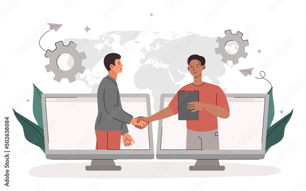 Businessmen shake hands. Entrepreneur and investor made deal on Internet. Financial literacy and partnership. Negotiations between companies were successful. Cartoon flat vector illustration