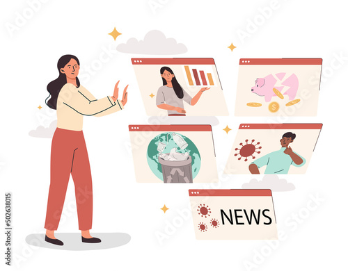Bad news concept. Woman trying to put up barrier for unwanted information with her hands. Modern technologies. sad character, young girl filters social media. Cartoon flat vector illustration